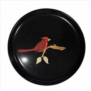Couroc of Monterey Red Cardinal Bird on Branch Round Black Tray Platter 10½" GUC